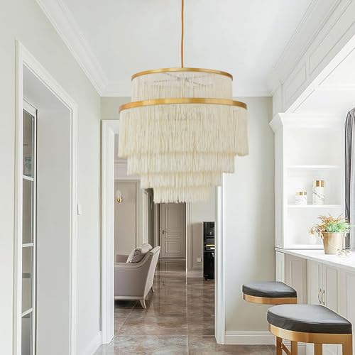 Topaluce 5 Tiers Boho Chandelier With Fringe,Gold 3-Light Fringe Pendant Light Fixture,Tassle Chandelier For Bedroom,Dining Room,Baby Nursery Lighting Beige thumb #1