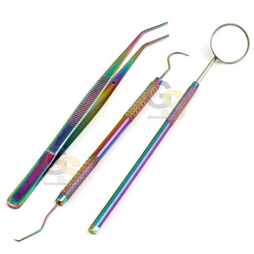 G.S Basic Dental Instruments Set Mouth Mirror Explorer #5 Cotton Plier Rainbow Multi Color