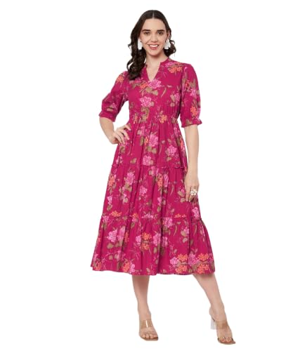 Image of PIDAVLIYA'S Women's Cotton Floral Printed Midi Dress | V-Neck Fit & Flare Dress with Puff Sleeves | Casual Summer Wear