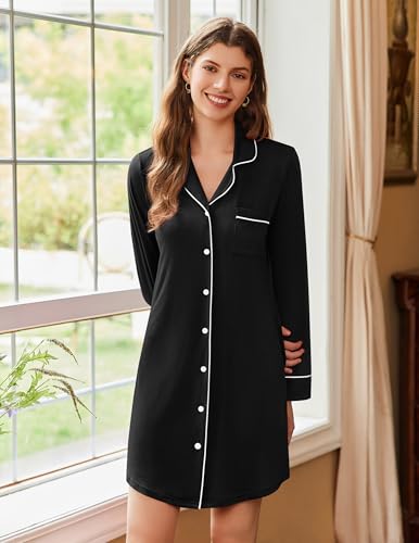 Image of Ekouaer Nightgowns for Women Long Sleeve Night Gown Button Pajama Dress