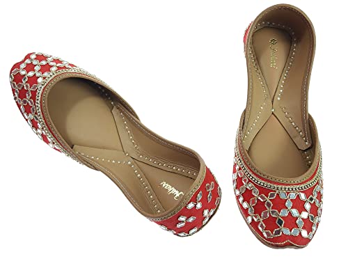 Image of Fulkari Women's Mirror Genuine Soft Leather Juttis | Bite and Pinch Free Jutis | Ladies Punjabi Jutti | Wedding Flat Stylish Mojari | Phulkari Ethnic Flats For Girls |