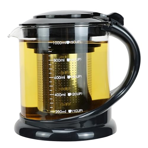 EIKS 1000ml/33oz Glass Teapot with Removable Infuser and Protection Base for Brewing & Serving Loose Leaf Tea Flower Tea Blooming tea