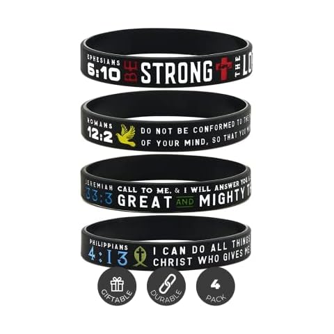 Ezekiel Gift Co. Power of Faith Bible Verse Wristbands - Set of 4 Silicone Bracelets with Christian Symbols and Scriptures - Religious Jewelry Gifts for Men Women Teens Cover