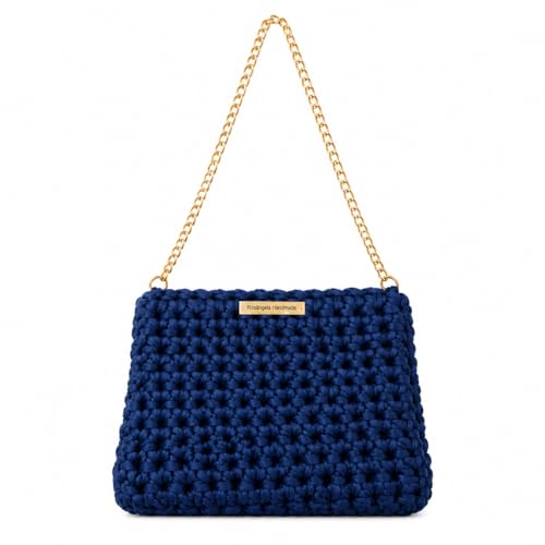 Bolsa de Crochê Penelope Chique Azul Marinho com Alça Dourada