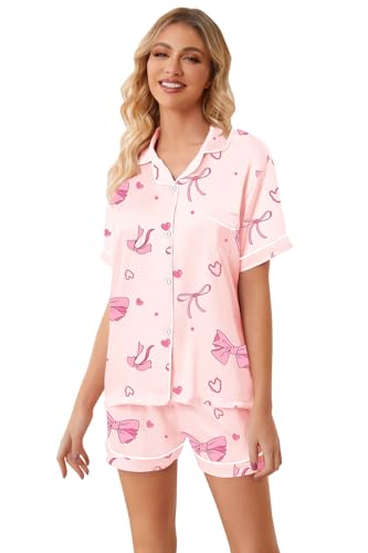 Image of Umeyda Women & Girls Pajamas Set, Soft Satin Lightweight Silk Button-Down Top with Shorts 2 Piece PJS for Mom Boys Kids Gifts