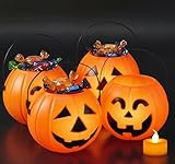 MCPINKY Halloween Pumpkin Buckets, 4PCS Portable Jack-O-Lantern Buckets with 4PCS Candle LED Lights Trick or Treat Goody for Kids Halloween Party Favors Room Decor
