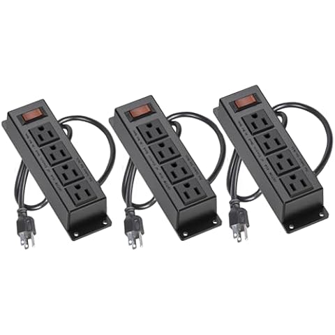 3PCS Wall Mount Power Outlet Strip, 3FT Cord Mountable Power Strip with Switch, 4 Outlet Under Desk Power Strip for Office/Industrial/Home, Flat Plug, Black Cover