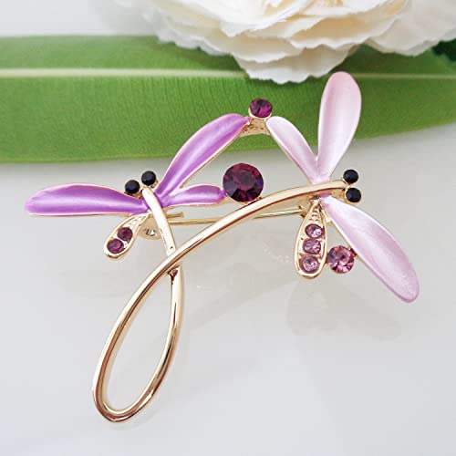 Image of Navachi 18k Gold Plated Multicolor Enamel White Crystal Double Dragonfly Wings Brooch Pins