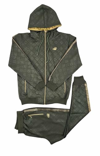Peviani Time Is Money - Conjunto de chándal barroco para hombre, con cremallera completa, sudadera con capucha y pantalones deportivos, diseño de lujo, ropa urbana de poliéster, verde oliva, M