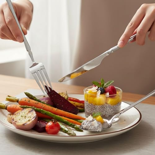 Image of 10 Pcs Silver Cutlery Set for Dining Table the Perfect Lightweight Silim Handle Tableware Including Dinner Spoon, Dinner Fork, Dinner Knife, Dessert Spoon & Dessert Fork