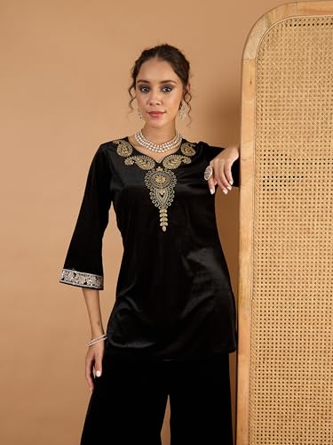 Image of Women Velvet Emb V-Neck Short Kurta With Palazzos