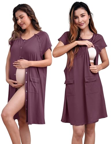 SUNNYBUY 2 PCS Maternity Set Labor Delivery Gown Matching Nursing Dress Hospital Birth&Breastfeeding Outfits for Postpartum Burgundy L