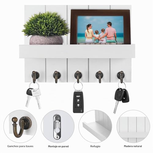 Miniatura 3 de Kldgris Colgador Llaves, Portallaves De Madera, Organizador Llaves Con 5 Ganchos Para Llaves, Llavero Decorativo Para Llaves, Cartas, Periódicos Blanco