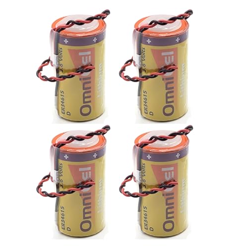 4x OmniCel ER34615 3.6V 19Ah Size D Lithium Battery with Wire Leads For Carbon Monoxide Detectors, Intrusion Sensors, Invisible Fencing, Emergency Backup, Data Collection, AMR Add-ons