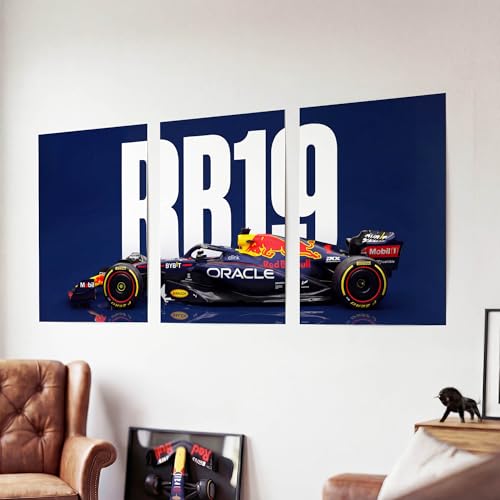 Image of SoulAbiti 3-Piece Split Red Bull Racing Wall Art RB19 Championship Formula 1 Car Large Motorsport Triptych Printed Posters Racing Decor for Game Room & Garage Setup