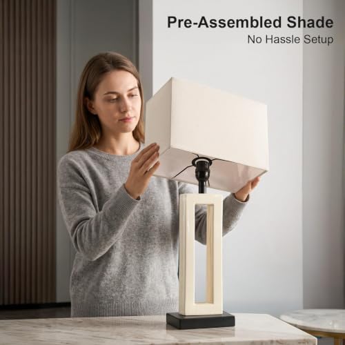 Image of 22 inch Modern Ceramic Table Lamps Set of 2, Cream Crackle Glaze Hollow Bedside Lamps with Linen Shade, 5ft Cord Rotary Switch E26 Base Nightstand Lamps for Bedroom Living Room Entryway Decor
