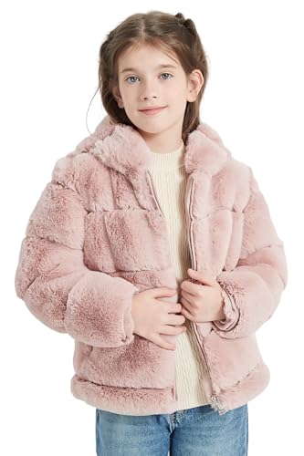 Image of Giolshon Girls Faux Fur Fleece Jacket Sherpa Fuzzy Hoodie Winter Coat with Full Zip Fluffy Outerwear 2169