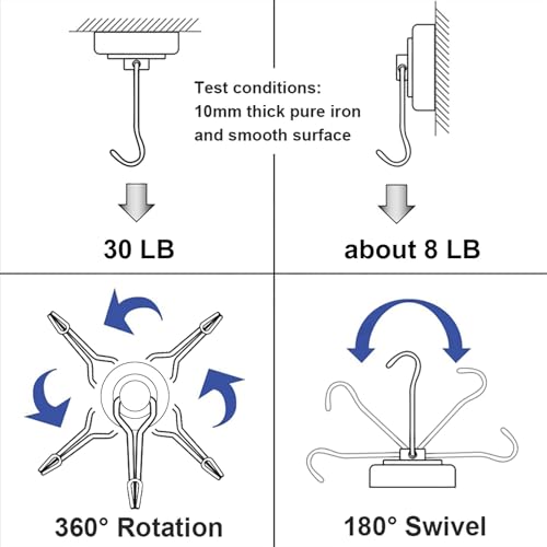E Bavite Black Swivel Swing, 30Lbs Powerful, Strong Neodymium Rare Earth Magnetic Hooks. Perfect For Refrigerator thumb #4