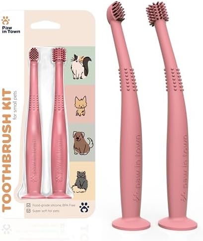 PawInTown Silicone Cat Toothbrush Set – 2 MiniHead Brushes – Kitten / Cat Dental Care, Cat Teeth Cleaning, Pet Care, Cat Necessities, Cat Tooth Brushing Kit, Pet Toothbrush for Cat (Blushing Flamingo)