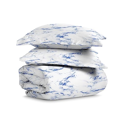 Pizuna Pure 100% Cotton Queen Duvet Cover Set, Luxurious 400 Thread Count Long Staple Cotton Sateen Weave with Button Closure (Combed Carrara Marble Blue Cotton Duvet Cover Queen)