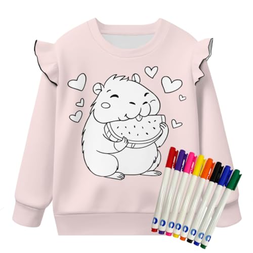YDTOADDIT Kids Coloring Outfit Girls DIY Hand Painted Sweatshirt Cute Capybara Long Sleeve Colorable Shirts with 8 Markers,Draw & Color Your Own Fun Designs