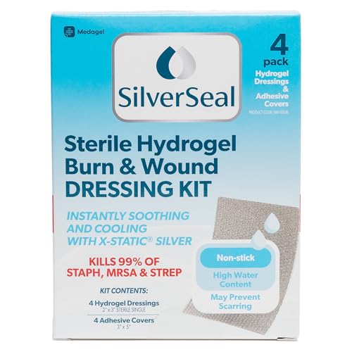 SilverSeal Hydrogel Burn & Wound Dressing Kit with X-Static Silver - FDA Cleared Care for Burns, Cuts & Wounds – Soothing Moisture, Relief & Protection - 4 (2”x3”) Hydrogels + 4 (3”x5”) Adhesive Pads