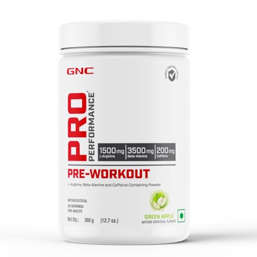 Image of GNC Pro Performance Pre-Workout | 360 gm | 30 Servings | Boosts Energy & Endurance | Improves Focus | Revs Up Recovery | 1.5g L-Arginine | 3.5g Beta-Alanine | 0.2g Caffeine | Green Apple