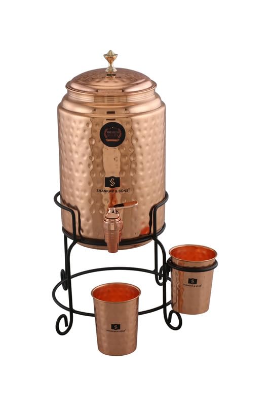 Image of SHANKAR & SONS 5 Litre Copper Water Dispenser Pot with Black Iron Stand and 2 Glasses | Hammered Texture, BPA Free, Non-Toxic with Added Health Benefits Traditional Matka for Drinking Water