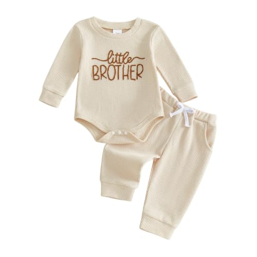 Polinkety Newborn Baby Boy Fall Outfit Set Romper Pants Infant Waffle Clothes (Little Brother Lil Bro Apricot, Newborn) by Polinkety - Used condition - US$13.87