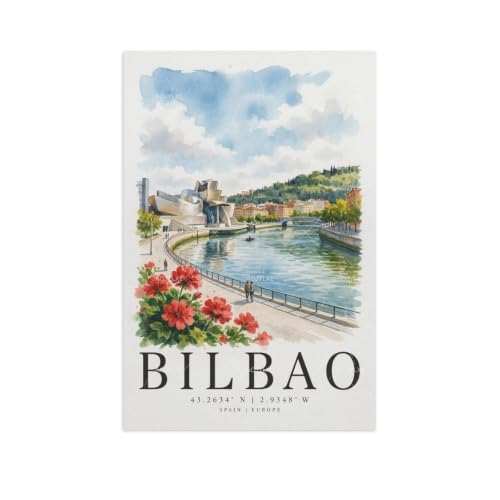 Bilbao poster aquarelle vintage decoration bureau et chambre paysage urbain 60x90