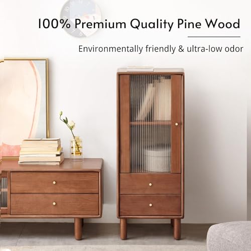 Bamskov Wood Storage Cabinet - Vintage Glass Door, Pine Wood With Shelves, 2 Drawers for Living Room, Kitchen and Hallway (Walnut, 14\"D x 15\"W x 37\"H) - Thumbnail 4