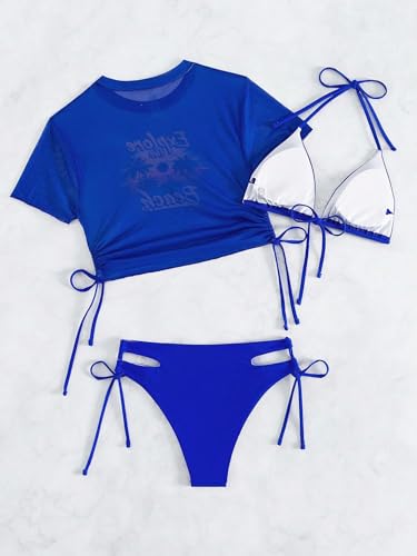 Image of Sexybody Women's 3 Piece Swimsuit Halter String Bikini Tie Side Mesh Short Sleeve Bathing Suits
