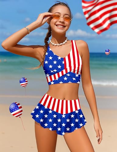 Image of Qaoerde Girls Swimsuit Tropical Print Bikini Set with Ruffle Hem Two Piece Criss Cross Bathing Suits for Girls 7-16 Years