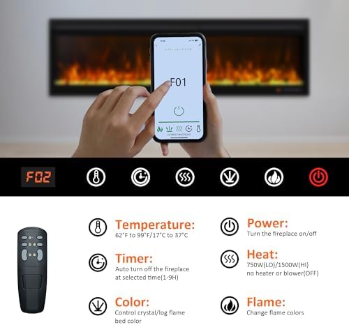 60 Inch, Recessed & Wall Mounted WiFi-Enabled Electric Fireplace Inserts with Remote Control,Timer & Thermostat Fireplace Heater, Log Set & Crystal Options, 750W/1500W, Black - Thumbnail 4