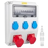Pjerjzn Industrieverteiler für Baustellen FI/LS Schutzsystem IP65 Gehäuse mit Steckdosen IP44 für Baustelle Industrie (1X32A 3X16A 1X40A LS+FI)