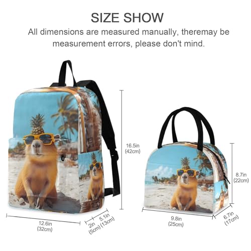 Capybara Beach Print Backpack Set with Lunch Bag, Large Capacity Travel Backpacks and Lunch Box Insulated for Commute Hiking Picnic2