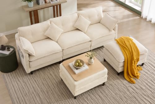 Image of 107.3 inch U Shaped Cloud Couch Modern Modular Sectional Sofa with 2 Storage Ottoman Coffee Table, 3-Seat Corduroy Deep Seat Sofa with Throw Pillows for Living Room, Bedroom, Apartment, Cream