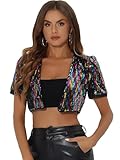 Allegra K Sequin Cardigan for Women's Puff Sleeve Open Front Jacket Halloween Sparkly Glitter Cropped Shrug Bolero Large Rainbow