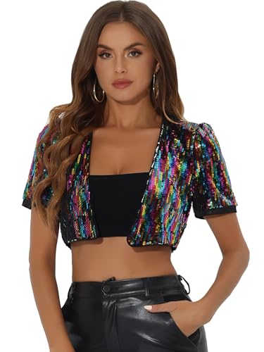 Image of Allegra K Sequin Cardigan for Women Puff Sleeve Open Front Jacket Sparkly Glitter Cropped Shrug Bolero