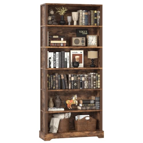Image of TVU 6-Tier Wooden Bookshelf, 77.2 inch Tall Farmhouse Style Open Bookcase, 31.5 inch W Standing Book Shelf with Storage, Suitable for Study, Living Room, Office, Rustic Brown