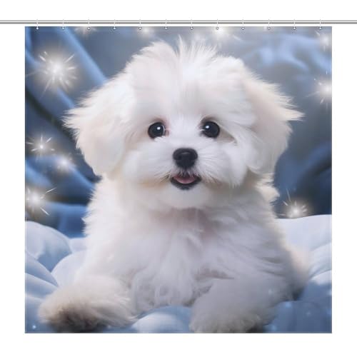 Rideau de douche Bichon frisé 183x183cm en tissu polyester lavable