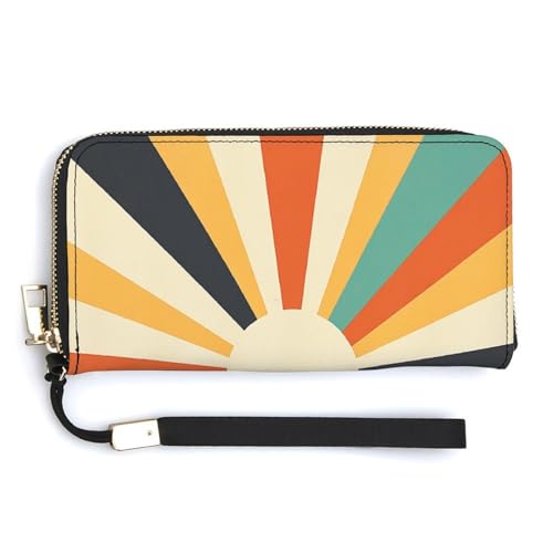 Retro Colorful Sun Ray Minimalist Aesthetic PU Leather Clutch Long Bifold Wallet, Coin Purse Credit Pass Case, Durable Card-Holder Money Storage for Women Men