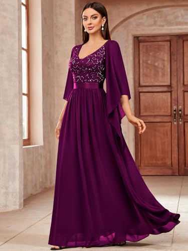 Image of Miusol Women's Deep-V Neck Lace Contrast Sequin Formal Evening Maxi Dress