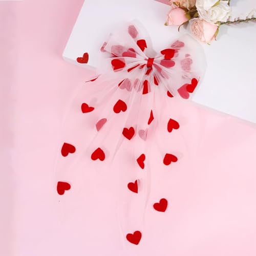 Lazos de cabello Valentine rojo con clip grande con largas colas, malla blanca y corazón rojo, listón de cabello en forma de corazón para mujeres y niñas miniatura 7