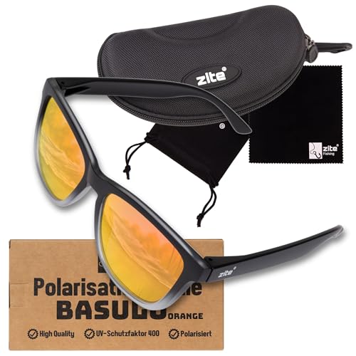 Zite Fishing Polarisationsbrille | Basulo | Polbrille Angeln verspiegelt, UV400 | Ultraleichte Angelbrille mit Hardcase & Tasche, Angelbrille polarisiert zum Angeln (Orange)