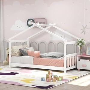 KOMFOTT Twin Wood House Bed for Kids, Low Profile Floor Bed Frame with Roof, Headboard & Footboard, Tent Bed for Toddlers, Boys & Girls, Wood Montessori Bed, No Box Spring Needed (White) KOMFOTT Twin Wood House Bed for Kids Low Profile Floor Bed Frame with Roof Headboard Footboard Tent Bed for Toddlers Boys Girls Wood Montessori Bed No Box Spring Needed White