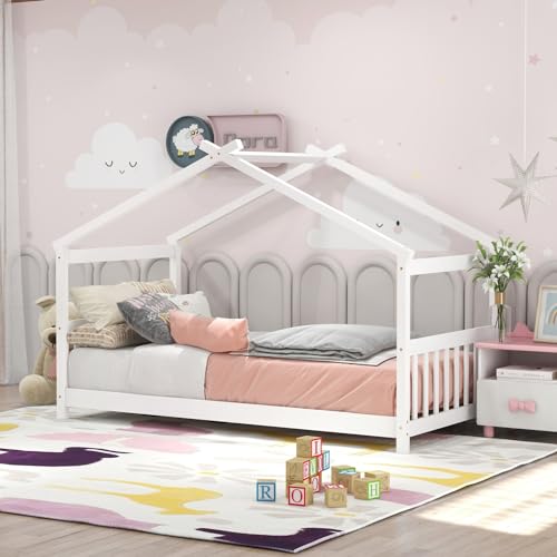 KOMFOTT-Twin-Wood-House-Bed-for-Kids-Low-Profile-Floor-Bed-Frame-with-Roof-Headboard-Footboard-Tent-Bed-for-Toddlers-Boys-Girls-Wood-Montessori-Bed-No-Box-Spring-Needed-White KOMFOTT Twin Wood House Bed for Kids Low Profile Floor Bed Frame with Roof Headboard Footboard Tent Bed for Toddlers Boys Girls Wood Montessori Bed No Box Spring Needed White