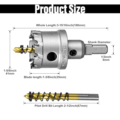 Image of SALI 1-5 /8 inch (41mm) TCT Hole Saw Kit Tungsten Carbide Tipped Hole Saw Drill Bit with Titanium-Plated Pilot Drill bit for Metal, Stainless Steel, Iron, Wood, Plastic
