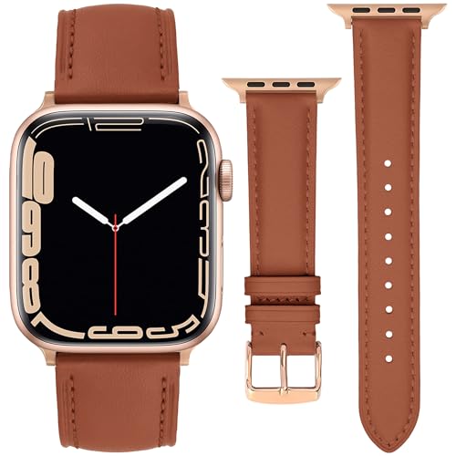 Image of ONET8O Leather Strap Compatible with 38mm 40mm 41mm Apple Watch Replacement Genuine Leather Bands for iWatch Series Women and Men Watch Wristband (38mm 40mm 41mm) Brown