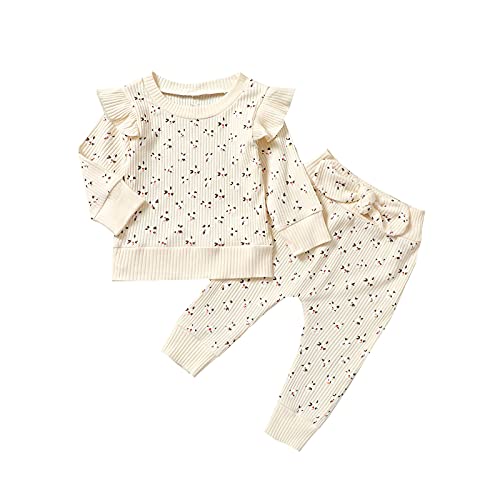 Toddler Baby Girl Floral Clothes Set Long Sleeve Crop Top Sweatshirts Flared Pants Ribbed Knitted Fall Winter Outfit (B- Beige, 6-12 Months)